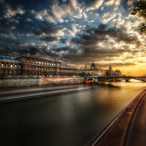 Paris, Barge, Bridge, Sunset, Clouds, Nuages, Pont, Bateau