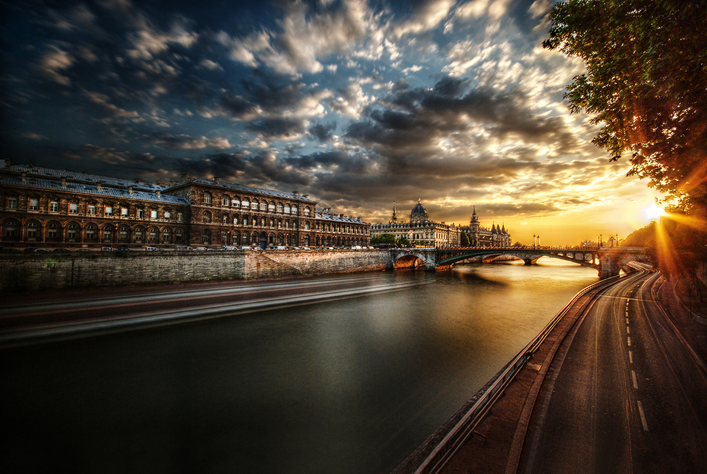 Paris, Barge, Bridge, Sunset, Clouds, Nuages, Pont, Bateau