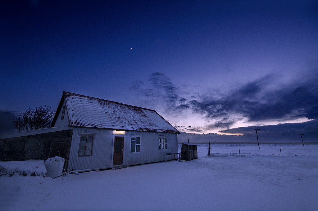 Icelandic home, evening, moon